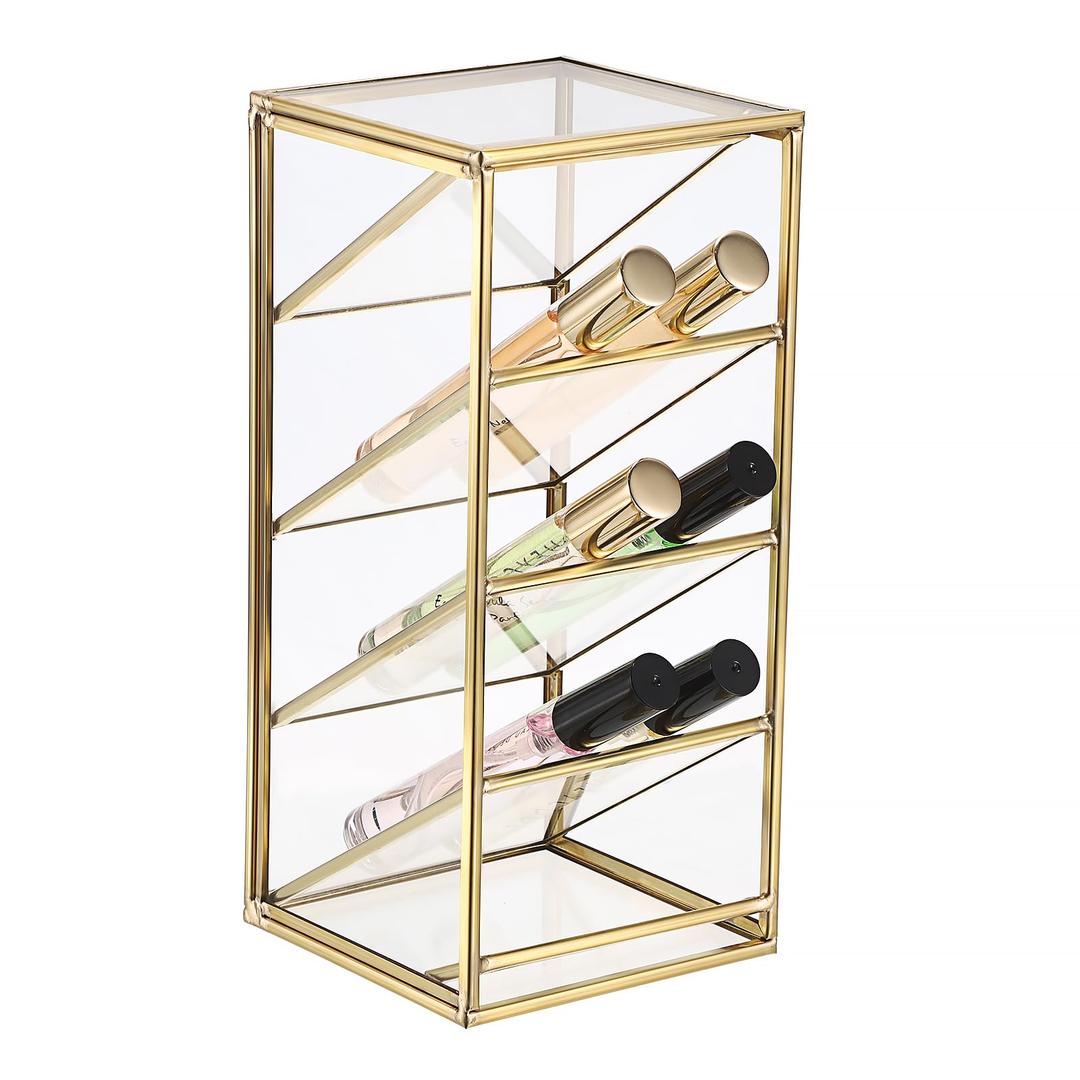 ELLDOO Rollerball Perfume Organizer, 4 Compartment Clear Glass Perfume Storage Holder Vintage Beauty Scent Holder, Metal Makeup Lipgloss Lipstick Display Case