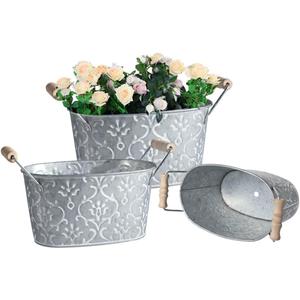 Galvanized Metal Oval Planter Buckets with Handles  Set of 3 Rustic Farmhouse Flower Tubs with Drain Holes & Plugs, Vintage Small Pots for Herbs, Succulents, Wedding or Tabletop Decor (Flower style)