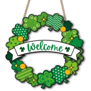 St. Patricks Day Decorations, Welcome Shamrock Door Sign, Clover Wooden Hanging Sign, St. Patricks Day Shamrock Wreath Door Hanger for Front Door Porch Wall Entryway 