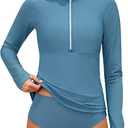Girls Rash Guard Swimsuit Half-Zip Long Sleeve Modest Bathing Suit with Chest Padding 2Pcs Teen Girl Swimwear UPF 50+ (9-10 Years, Gray Blue)