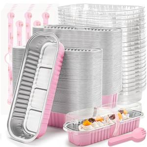 LOKQING 100 Pack Mini Loaf Pans with Lids Rectangle Individual Cake Pans Aluminum Foil Pans for Large Gatherings Picnics Vacations Parties(Pink, 6.8 OZ)
