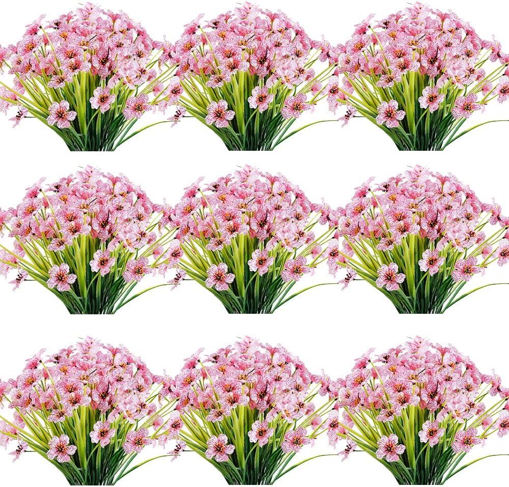 30 Bundles Artificial Flowers Outdoor UV Resistant Fake Flowers No Fade Faux Plastic Plants Garden Porch Window Box Decorating(Pink)