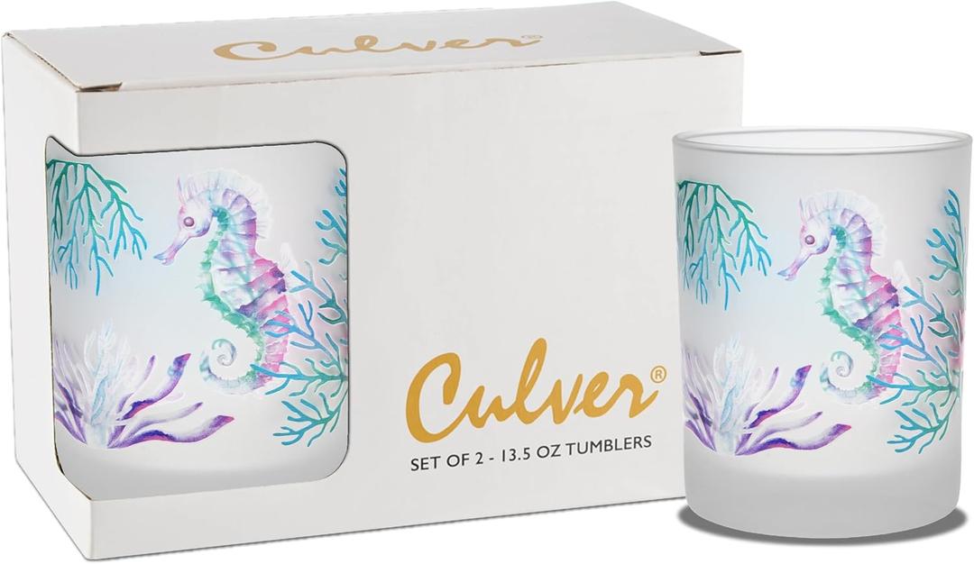 Culver Decorated Frosted DOF Double Old Fashioned Glass, 13.5-Ounce, Gift Boxed Set of 2 (Sealife)