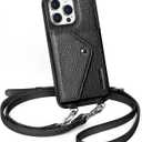 LUCKYCOIN Crossbody Wallet Phone Case for iPhone 15 Pro Max,100% Genuine Leather Wallet Phone Case with Expandable Flip Card Holder, Phone Purse for Women with Adjustable Removable Strap - Pebble Black