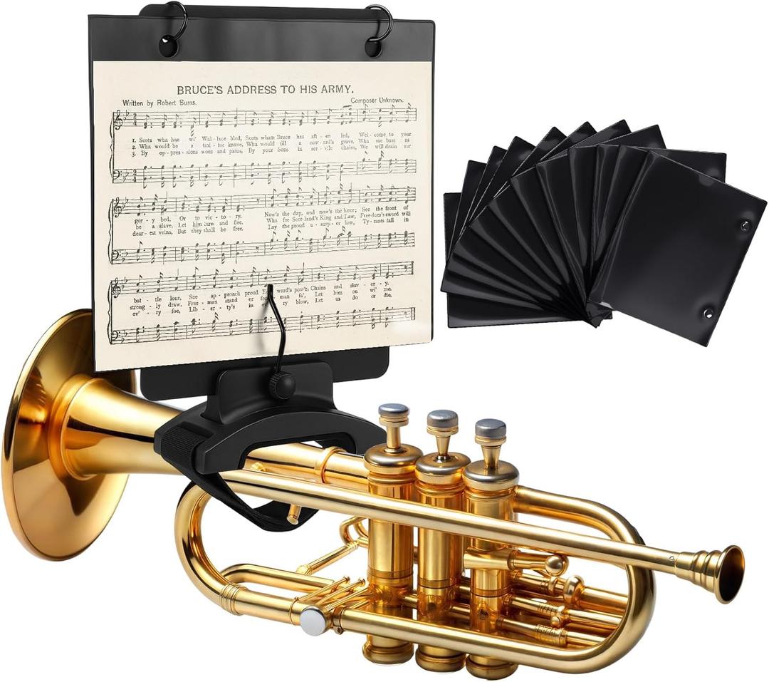 1 Set Adjustable Marching Band Lyre for Trumpet with Flip Folder, Wooden Holder Trumpet Lyre with 12 Double-Sided Sheet Music Pages for Clarinet Flute Trombone Saxophone