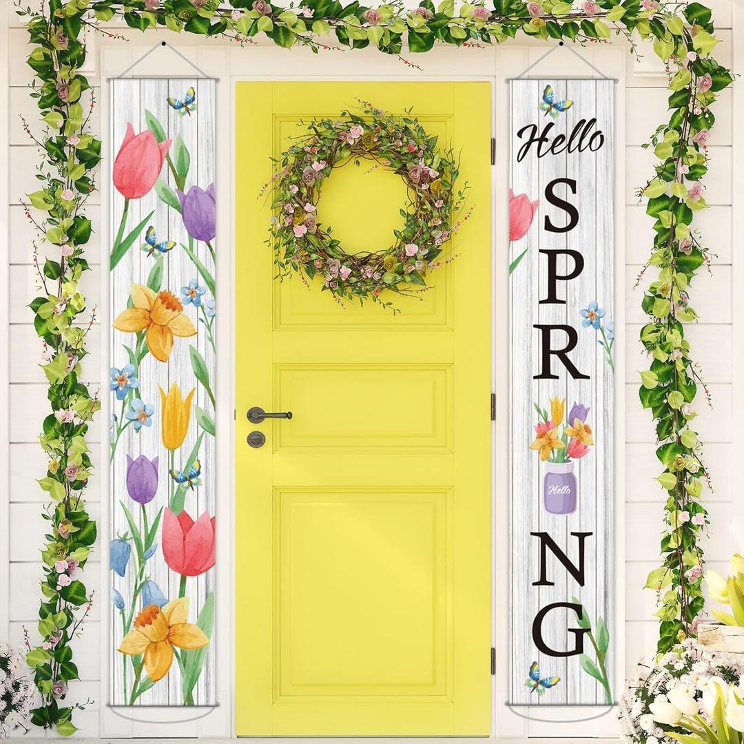 Hello Spring Floral Porch Sign Watercolor Flower Butterflies Banner Door Sign Decorations Vintage Spring Grow Flowers Hanging Door Banner for Front Door Indoor Outside Porch Wall Rustic Party Decor