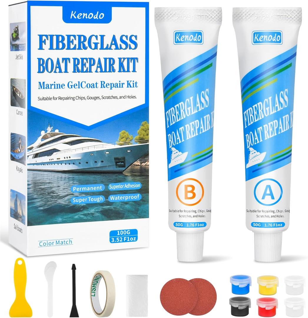 Marine Fiberglass Repair Kit for Boats, Gel Coat Kepair kit for Boats, Epoxy Filler for Repairs Cracks, Scratches, Debris, Holes, Gaps, Suitable for Fiberglass, Acrylic, Porcelain 100g-1.76oz