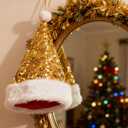 IZUS Women Men Christmas Santa Hat Velvet Red Hats with Fluffy Plush White Brim/Pom for Xmas New Years Holidays Party (One Size, Sequins-gold)