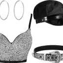 Tisancy 4 Pcs Rhinestone Bustier Top Costume Women's Push up Crop Top Diamond Belt Chauffeur Hat Earrings Hoop