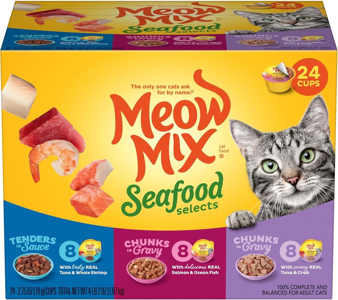 Meow Mix Seafood Selections Variety Pack, Wet Cat Food, 2.75 oz Cup (24 Pack) Best By 10/28/27