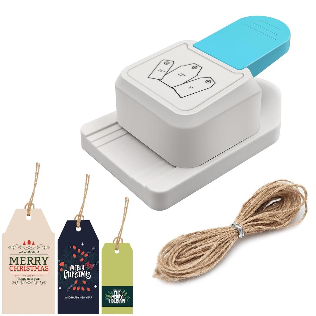 3 in 1 Craft Tag Punch Gift Tag Paper PunchPaper Craft Tag Punch 1.5" 2" 2.5" with 1 Roll Hemp Rope 32.8 Feet Square Shape Small Hole Punch for Paper Crafting Scrapbooking Cards DIY Arts Crafts