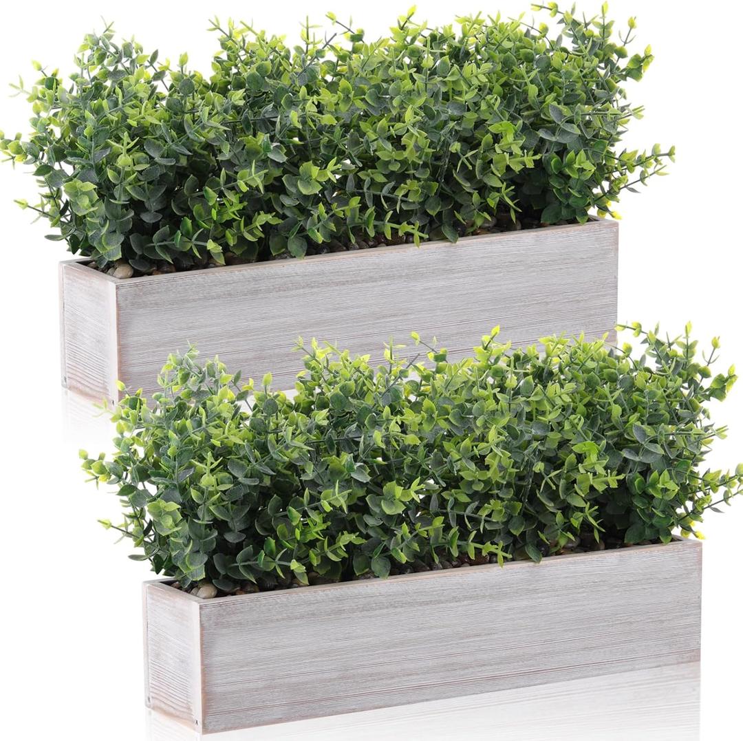 Lyrow 2 Pack Artificial Eucalyptus Plant in Rustic Rectangular Wooden Planter Box Greenery Faux Potted Herb Plant for Indoor Wedding Table Centerpiece(Green,16.1 x 3.7 x 8.7 Inches,Classic Style)