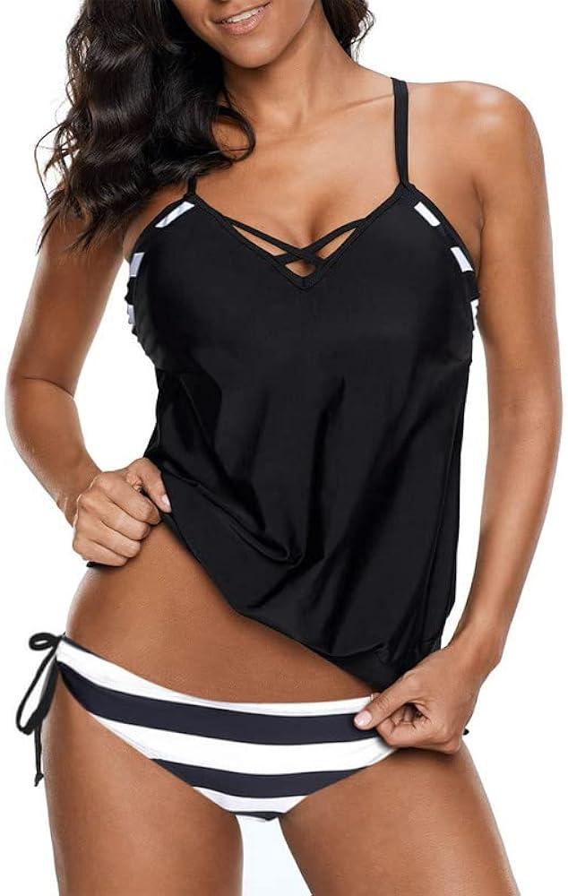 Dokotoo Womens 2024 Fashion Stripes Print Lined Up Double Up Tankini Sets Swimsuits Bathing Suit Swimwear (S-3XL) Medium
