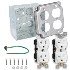 Outlet Box Kit, Includes 4x4'' Welded Metal Electrical Box, 2 Tamper Resistant 20 Amp Duplex Receptacle Outlets, Duplex Receptacle 4x4'' Cover, 16 Knockouts, Green Pigtail Grounding Wire and Screw Outlet Box Kit, Includes 4x4'' Welded Metal Electrical Box, 2 Tamper Resistant 20 Amp Duplex Receptacle Outlets, Duplex Receptacle 4x4'' Cover, 16 Knockouts, Green Pigtail Grounding Wire and Screw
