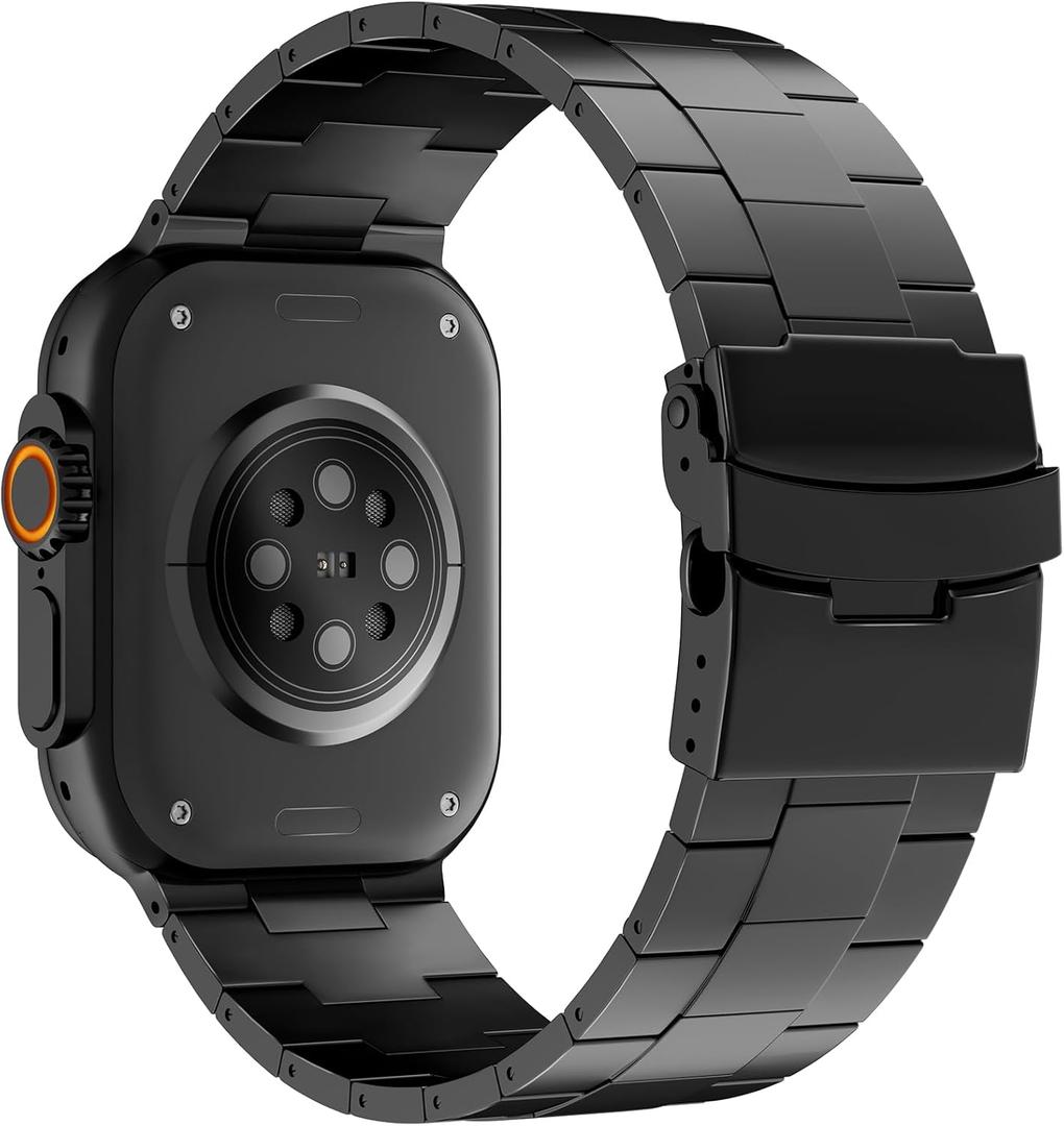 Titanium Watch Band Compatible with Apple Watch Band 49mm 46mm 45mm 44mm 42mm for iWatch Ultra2 Ultra Series 10 9 8 7 6 5 4 3 2 1 SE, Adjustable Metal Replacement Strap with Folding Buckle (Black)