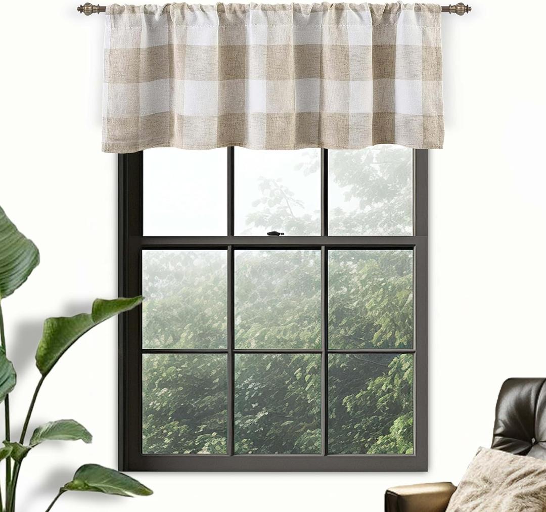DriftAway Linen Textured Lined Valances for Windows Buffalo Check Curtain Window Valances Woven Plaid Blackout Thermal Insulated for Kitchen, Living Room 1 Pack 52" x 18" Taupe