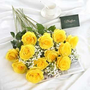 Waipfaru 20 Pcs Fake Yellow Roses Babys Breath Artificial Flowers Bulk, Silk Yellow Rose Faux Babys Breath with Long Stems for Wedding Bouquet Vase Flower Arrangement