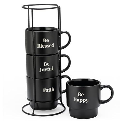 Signature Housewares Stackable Coffee Mug Tower Set with Metal Wire Rack - 15 Ounce Coffee Mugs for Coffee, Tea, Cocoa, Milk, Cappuccino, Hot Chocolate Set of 4 - Be Happy Matte Black