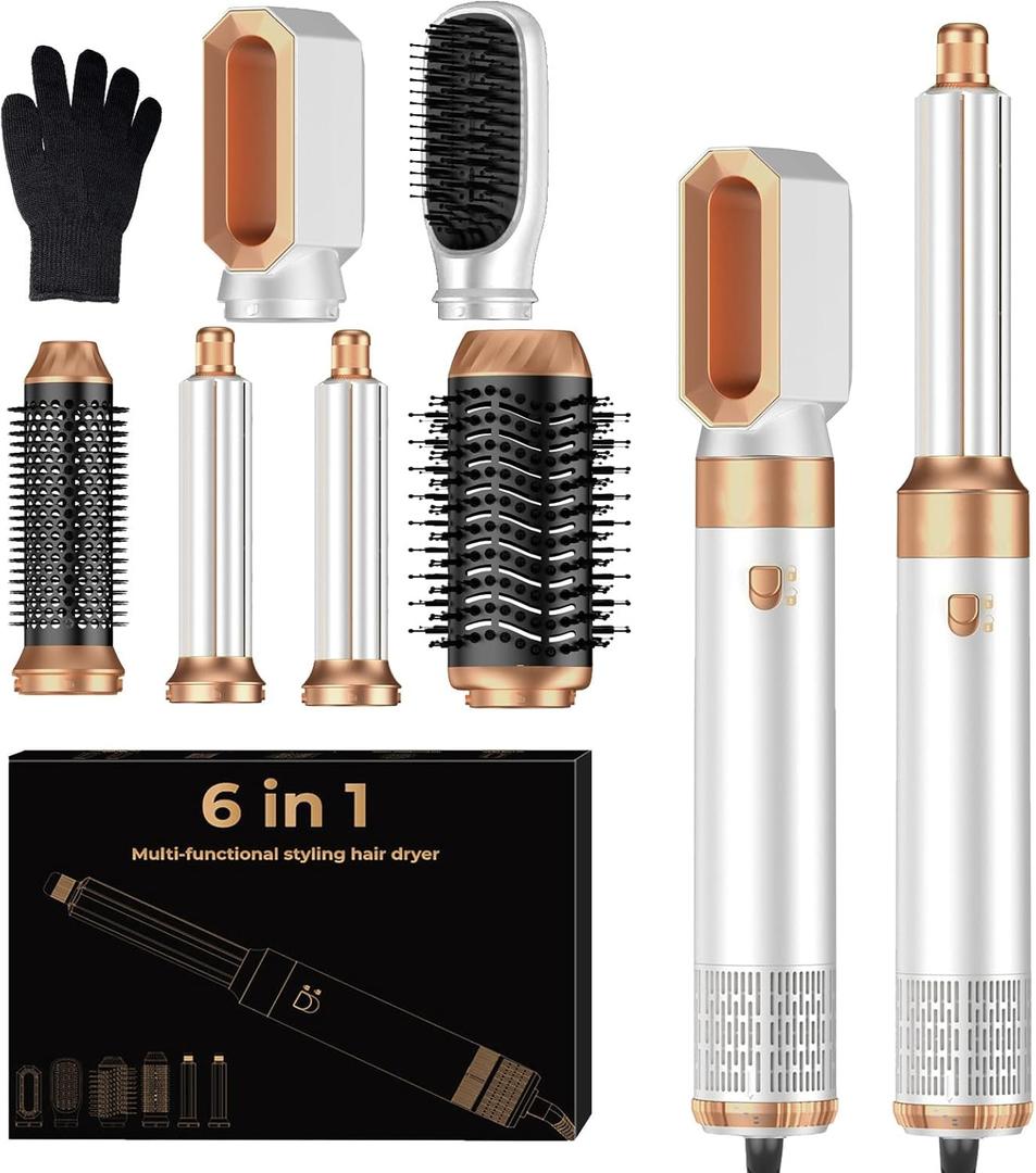 6 in 1 Blow Dryer Brush, Upgrade Hair Dryer Brush Set Negative Ion Air Styler Curling Wrap Air Curler, Hot Air Brush Curling Iron Hair Styling Tools As A Gift for Straight/Curl/Dry/Smooth