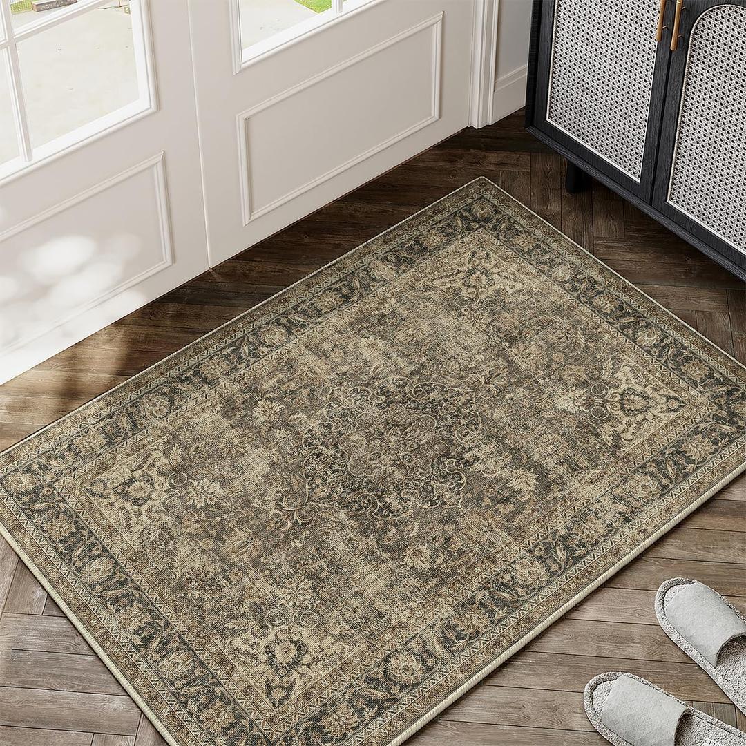 2x3 Washable Area Rug Brown Vintage Non Slip Soft Low Pile Small Rug for Entryway Kitchen Bathroom Distressed Oriental Throw Carpet for Living Room Bedroom Home Decor