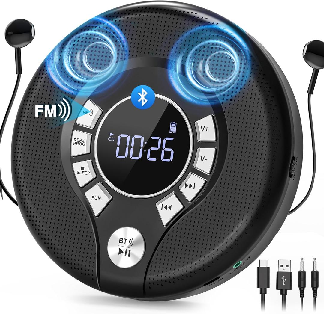 Greadio Portable Bluetooth CD Player with 2000mAh Rechargeable, Personal CD Player for Car with FM Transmitter/AUX, CD Discman Player with Headphone, 120s Anti-Skip, USB Port, Backlight (Black)