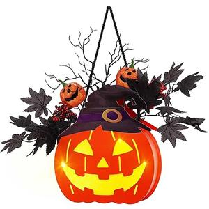 BlcTec Halloween Pumpkin Lights, 10 inch Lighted Big Jack-O-Lantern with Maple Leaves, Berries, Twigs, Witch's Hat, Battery-Operated Premium Wood Pumpkin with Timer for Halloween Decorations, Style C