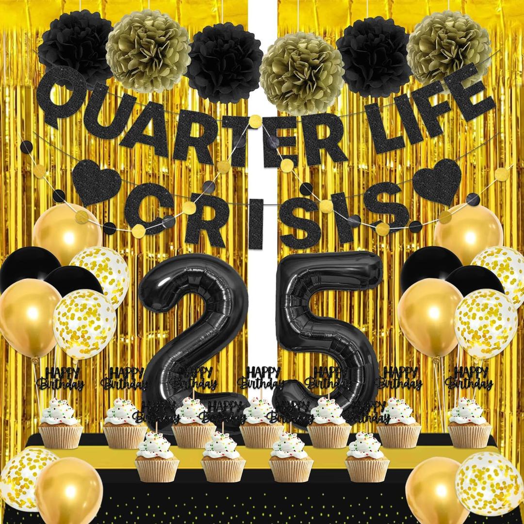 25th Birthday Party Decorations for Women - Black "Quarter Life Crisis" Banner, Number 25 Balloons, Cupcake Toppers, Tablecloth and Tissue Pom Poms - Chic 25th Party Supplies (Black&Gold)