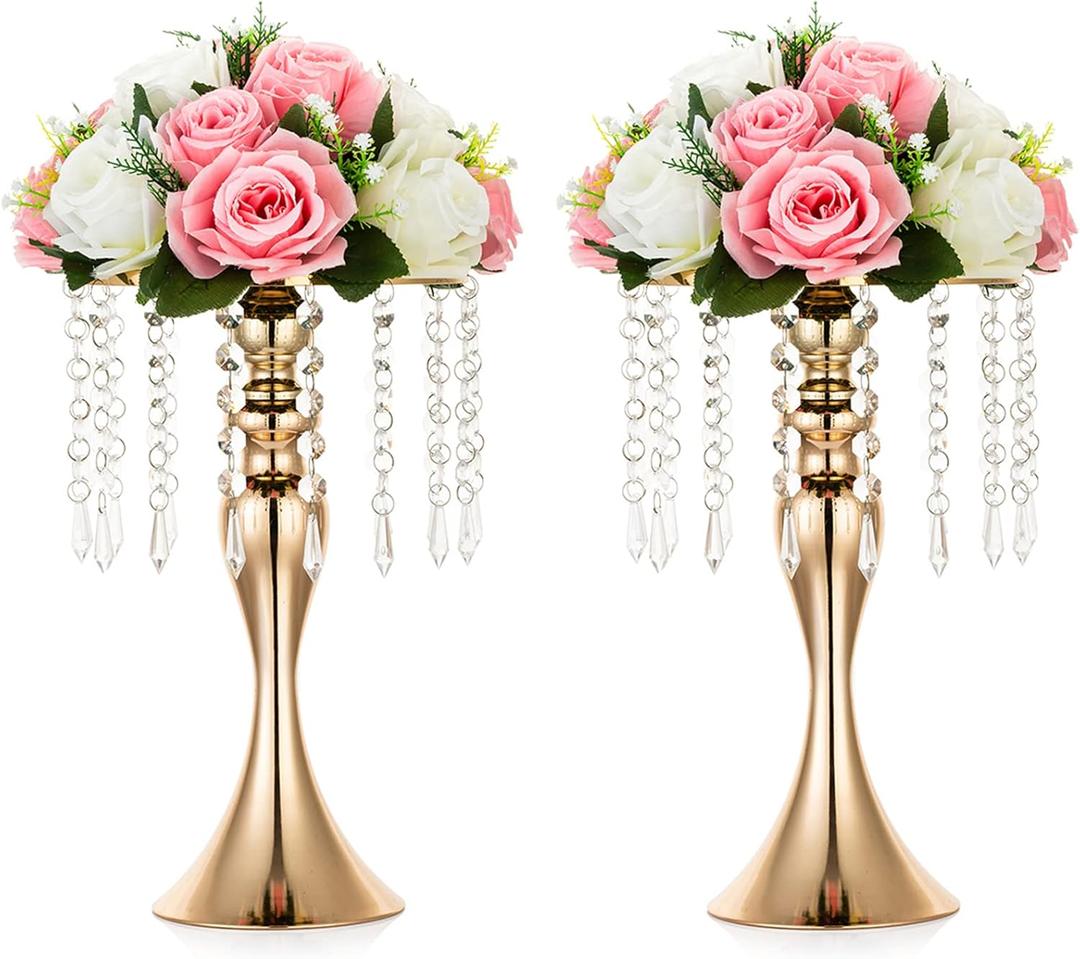 Nuptio 2 Pcs Versatile Metal Flower Arrangement Stand, 13.8in/35cm Height Elegant Wedding Centerpieces Flower Vase, Crystal Flower Stand for Wedding Party Dinner Event Restaurant Hotel Decoration (Gold)
