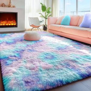 PAGISOFE Cute Kawaii Rugs for Girls Bedroom, 5x8 Rainbow Purple Area Rug, Soft Fluffy Shag Rug for Girls Room Baby Kids Playroom Nursery Classroom Plush Furry Mermaid Rug, Fuzzy Pastel Colorful Carpet
