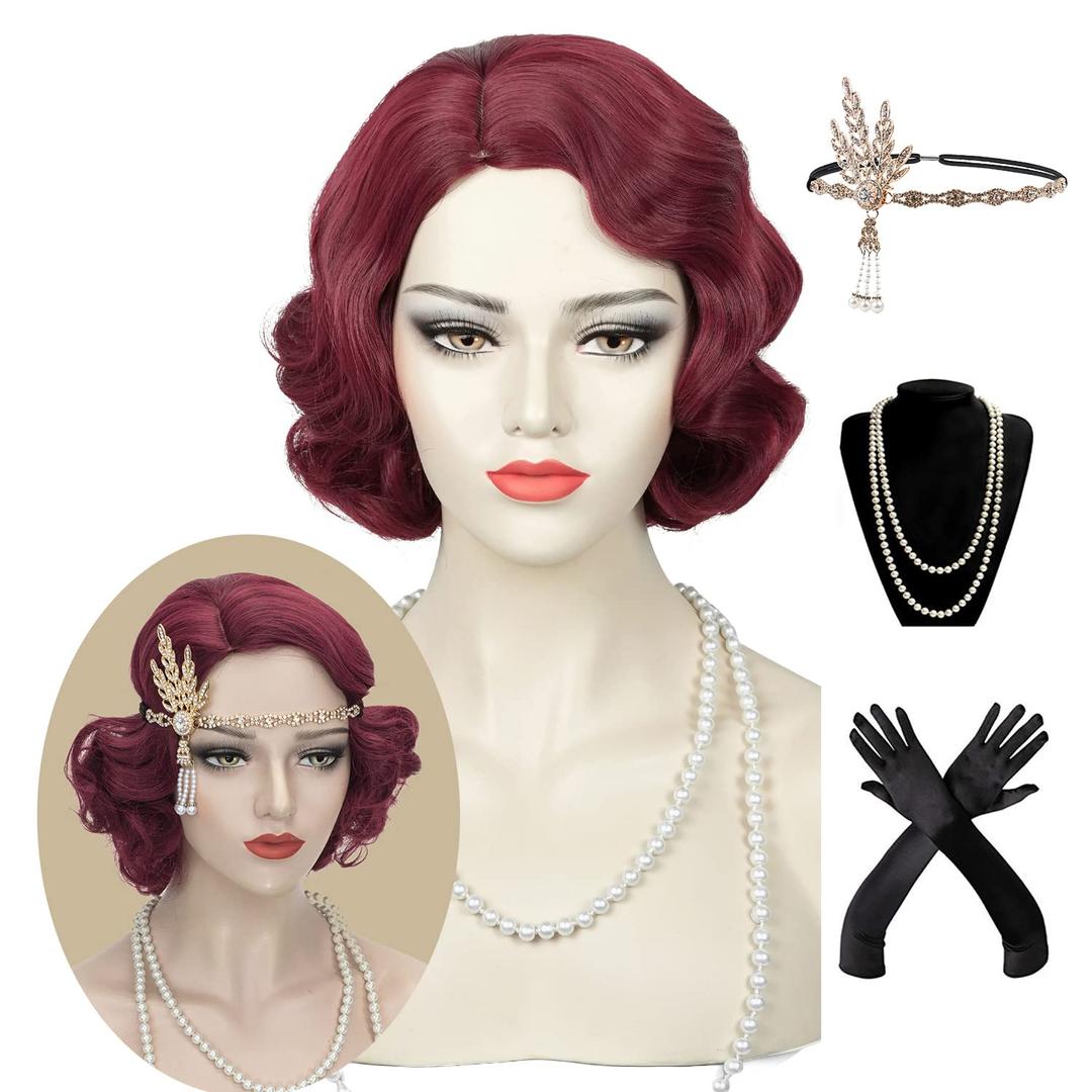 Finger Wave Wig Women Dark Red Flapper 1920s Vintage Lady Short Curly Wig Halloween Party Cosplay Costume Synthetic Hair + Accessories (Burgundy)