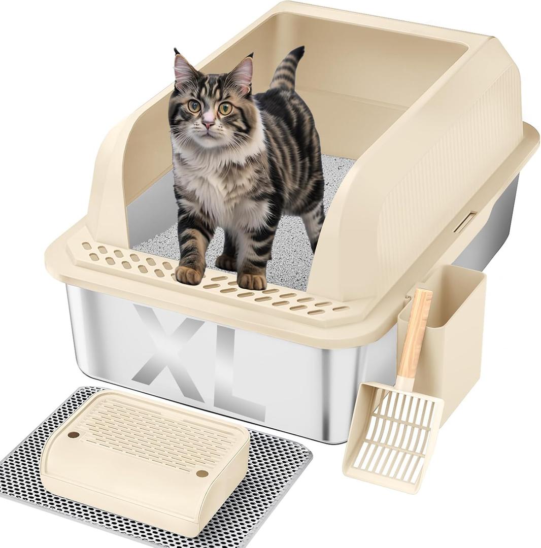 Stainless Steel Cat Litter Box with Lid, XL Large Litter Box for Big Cats, Enclosed Kitty Litter Pan with High Sides, Anti-Leakage&Non-Stick, Easy to Clean, Included Scoop, Aisle and Mat Beige