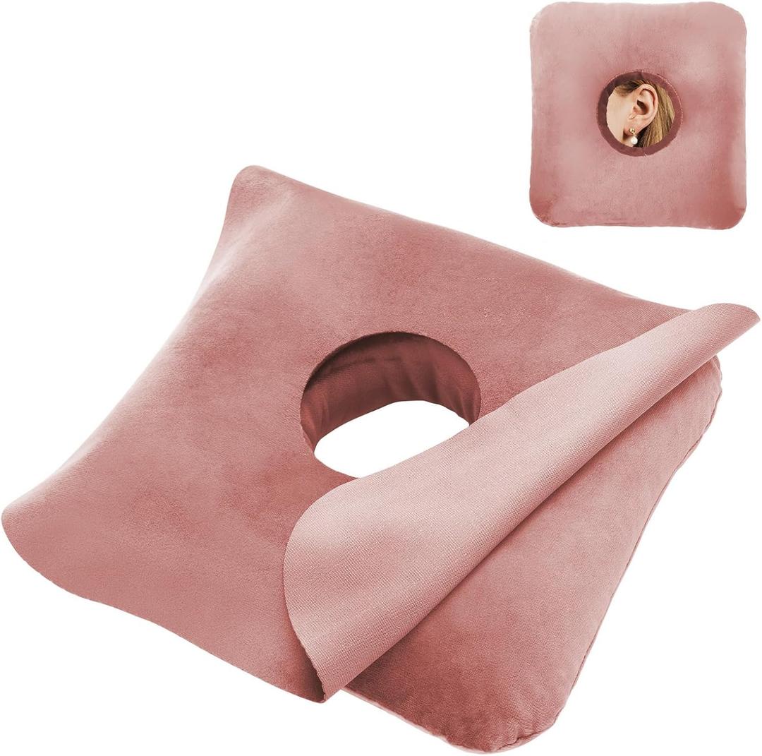 Ear Piercing Pillow for Side Sleepers with Ear Inflammation & Pressure, Soft Velvet Adjustable Ear Guard Pillow with Removable & Washable Cover (Pink, Pillow & Cover)