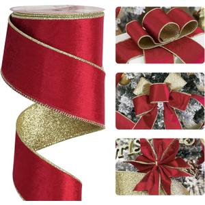 HUIHUANG Red Velvet Wired Ribbon Christmas Velvet Wired Edge Ribbon 2.5 inch Red and Gold Double Sided Ribbons for Christmas Tree Wreaths Gift Wrapping Bows Garlands Home Decor Crafts-10 Yards