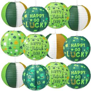 Huquary 12 Pcs 10 Inch St Patricks Day Paper Lanterns Party Decorations Round Green Shamrock Lanterns Clover Hanging Paper Decors for Irish Indoor St Patricks Day Outdoor Party Supplies