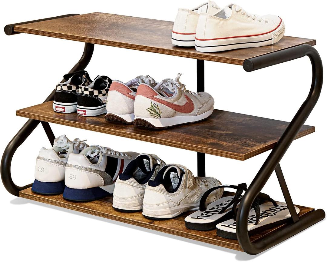 3-Tier Shoe Rack, Wooden Shoe Storage with S Shape Heavy Duty Metal Free Standing, Shoe Organizer Shelf for Entryway, Living Room, Closet, Bedroom (Rustic), 11.81 x 25.78 x 15.86 Inches