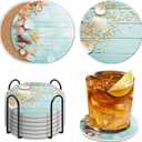 2 x Coasters Set of 6 with Holder,Coastal Themed Beach Lover Gifts for Her.Absorbent Ceramic Drink Coasters with Cork Base for Tabletop Protection Home Decor & Housewarming Gifts for New Home