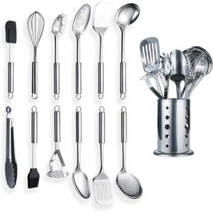 Berglander Cooking Utensil Set 13 Piece Stainless Steel Kitchen Tool Set with Holder, Include Cooking Spoon, Spatula, Whisk, Cooking Tong and etc. (13 Pieces)