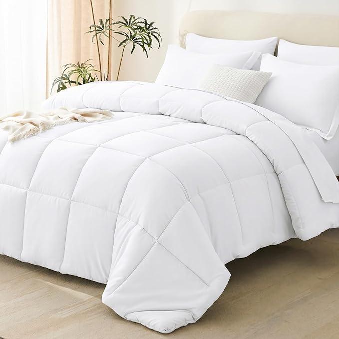 All Season Bed Comforter - Cooling Goose Down Alternative Quilted Duvet Insert with Corner Tabs - Winter Warm - Machine Washable - White, Size 80x55