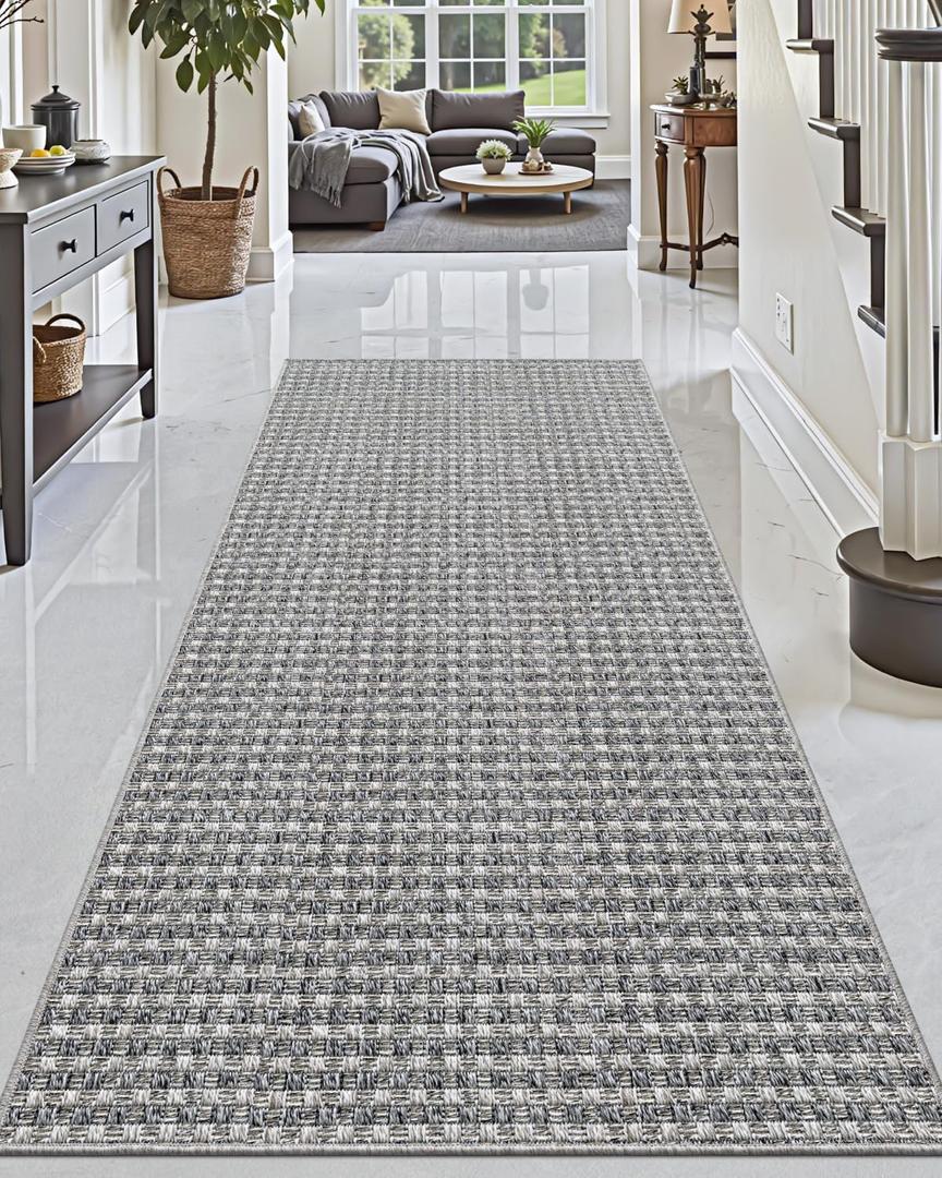 DEXI Hallway Runner Rug 3.3x6.7, Woven Braided Farmhouse Runner Carpet Indoor, Absorbent Thin Long Entryway Runners for Kitchen, Laundry Room, Patio Entrance, Checkered Grey