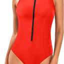 Tempt Me Women Athletic One Piece Swimsuit Zipper High Neck Bathing Suit Racerback Swimwear (Large, Red)