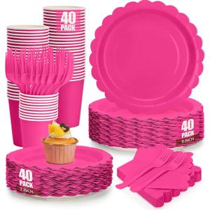 200Pcs Hot Pink Party Plates and Napkins, 9’’ Disposable Scalloped Hot Pink Paper Plates and 7’’ Hot Pink Dessert Plates Cups Napkins Forks Party Supplies for Birthday Party Decorations, Serves 40