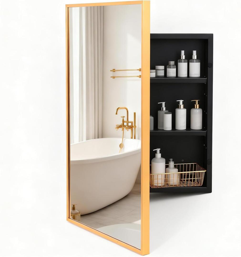Brushed Gold Metal Medicine Cabinet Right-Angled Rectangle-Design,Bathroom Mirror with Storage, Recessed or Surface Mounted, 2 Adjustable Metal Shelves (Brushed Gold, 16x24)