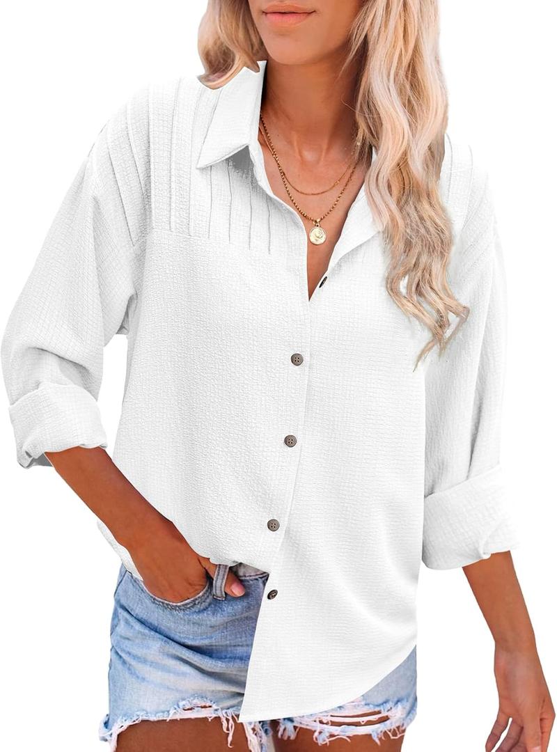 HOTOUCH Womens Long Sleeve Button Down Shirts Oversized Collared Drop Shoulder Work Tops Textured Loose Blouse S-XXXL (01-white)