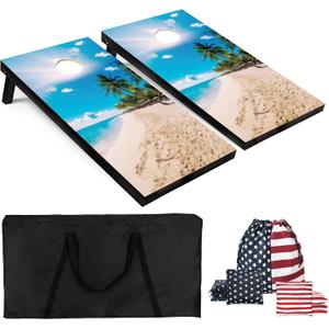 Cornhole Board Set 4x2 Regulation Size Cornhole Set with Carrying Bags & 8 Bean Bags Corn Hole Boards Bean Toss Game for Adults Family Outdoor Lawn Outside Backyard Games (Beach Palm Trees)