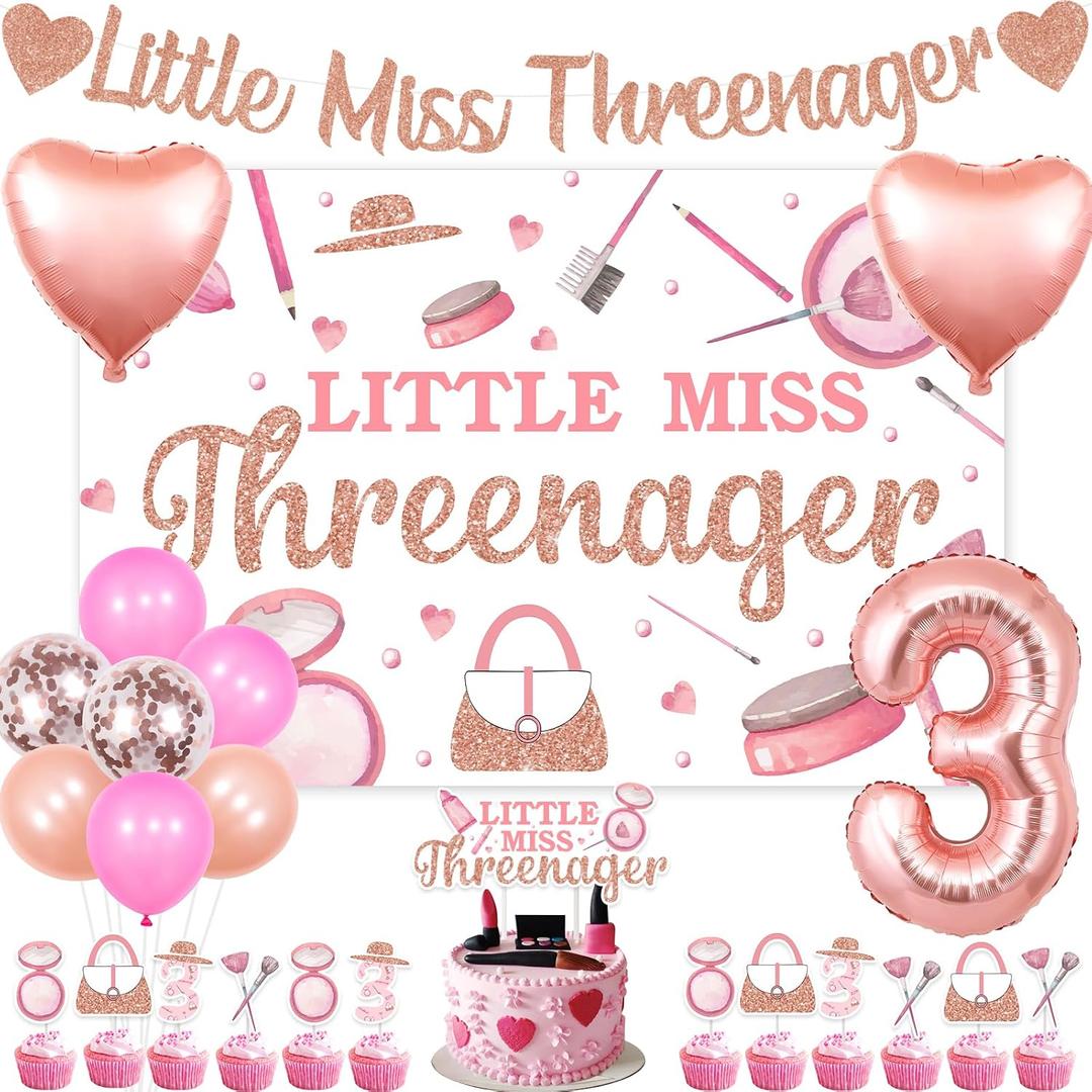 Jollyboom Threenager Birthday Decorations Girl, Little Miss Threenager 3rd Birthday Decorations Backdrop Banner Cake Topper Number 3 Heart Foil Balloon for Makeup 3 Year Old Bday Party Rose Gold