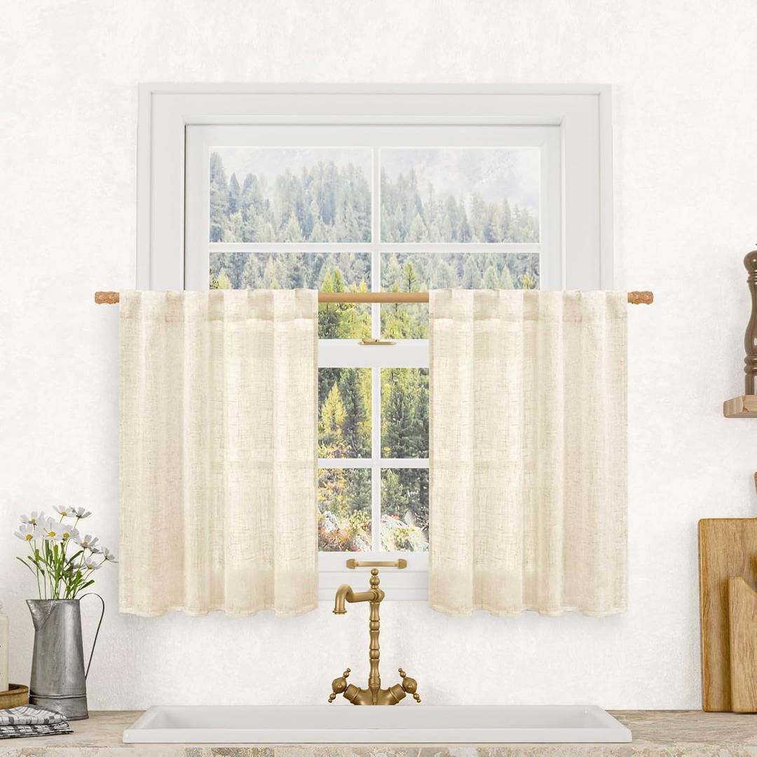 LAMIT Short Window Linen Curtains 36 Inch Length 2 Panels, Beige Light Filtering Panels Back Tab and Rod Pocket Neutral Drapes for Bathroom/Loft Room, 34 x 36 Inch