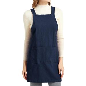 ELEZAY Aprons for Women with Pockets Plus Size Comfort Cross Back No Tie Cotton Linen Apron Pinafore (Blue, L)