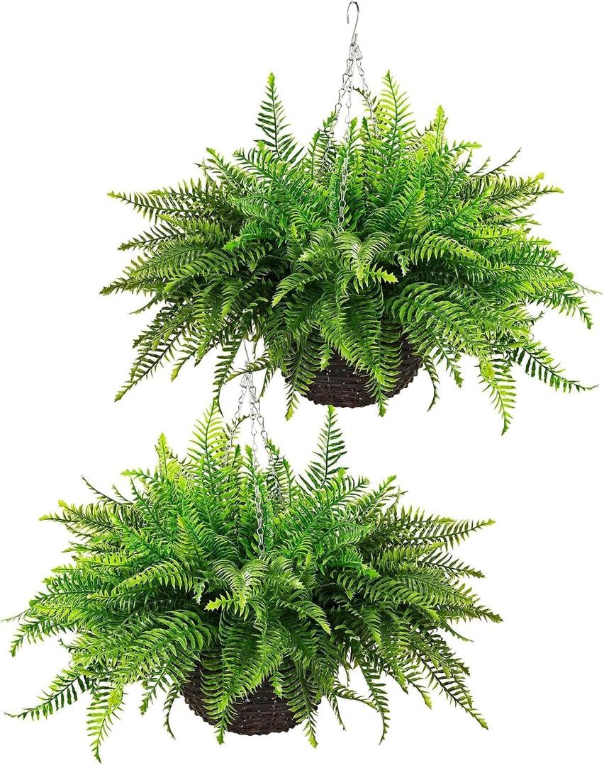 Outdoor Fake Hanging Fern Artificial Hanging Ferns 2 Pack, Large Faux Boston Fern Bushes, UV Resistant Outdoor Hanging Plants for Front Porch, Patio & Indoor Decor
