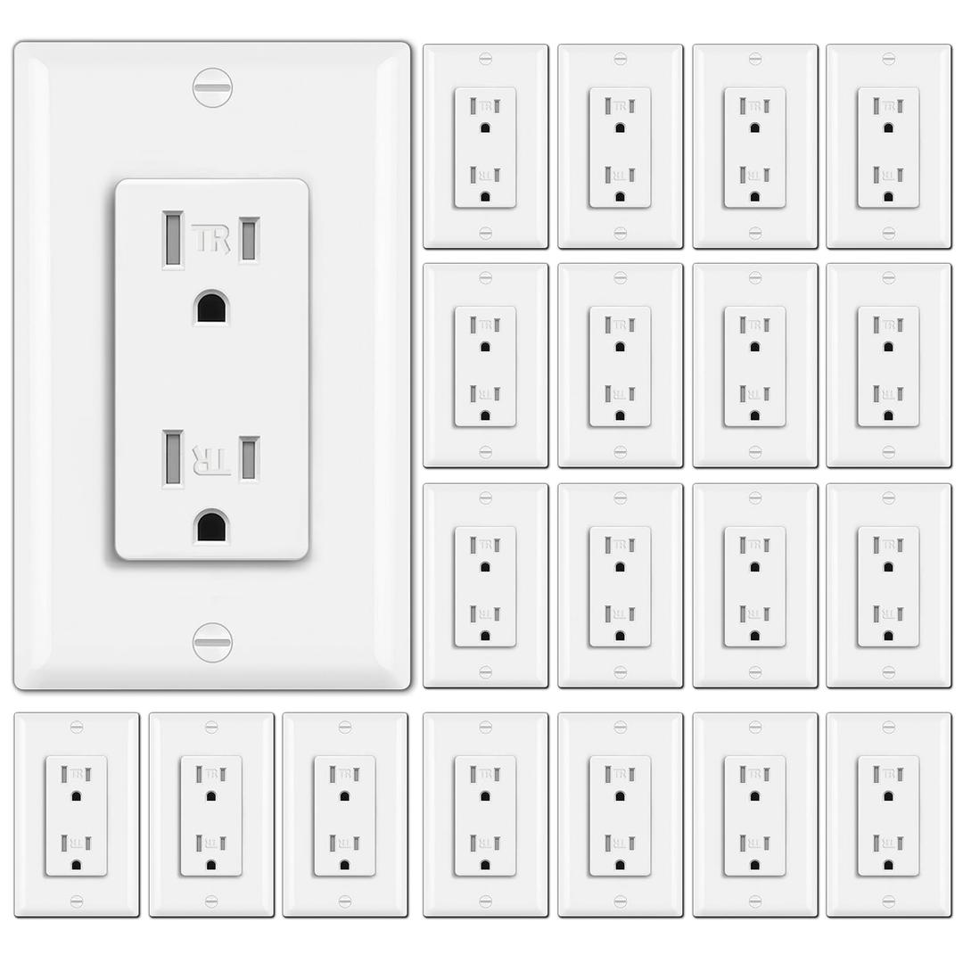 BESTTEN 20 Pack 15 Amp Tamper Resistant Decor Receptacle, Standard Electrical Wall Outlet, Residential and Commercial Use, 15A/125V/1875W, Wallplate Included, UL Listed, White