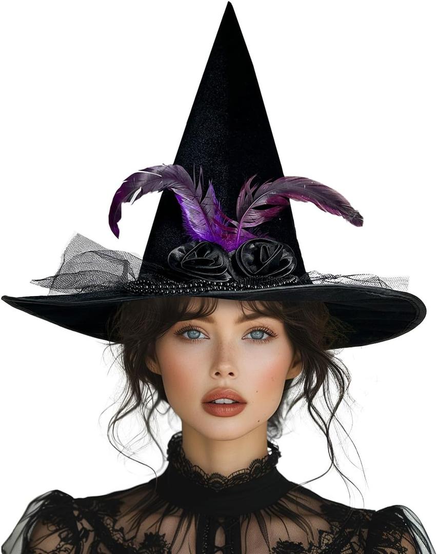 Halloween Black Witch Hats for Witch Costume women - Large Black Velvet Witch Hat with Purple Feathers and Choker Necklace, Great Accessories for Witches Costume for Adult Women